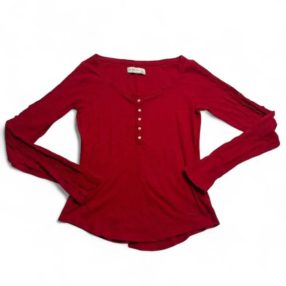 Abercrombie & Fitch red Henley long sleeve top with button details Size S Cotton - Picture 6 of 7